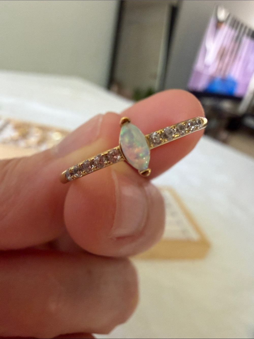 Gold Filled Opal Marquise Halo Band - Opal & Clear Stone Accent Ring